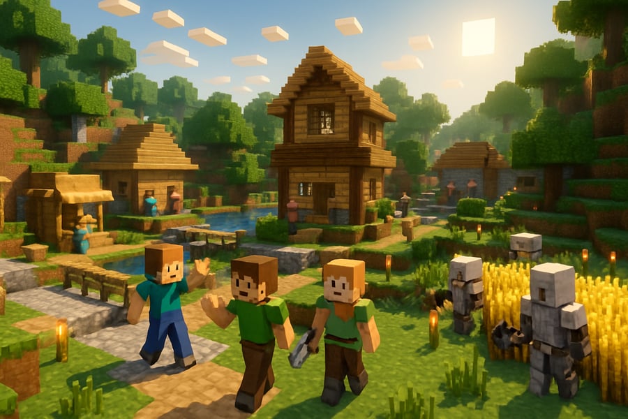 Minecraft Landschaft mit Spielern in einer lebendigen Community Minecraft Landschaft mit Spielern in einer lebendigen Community